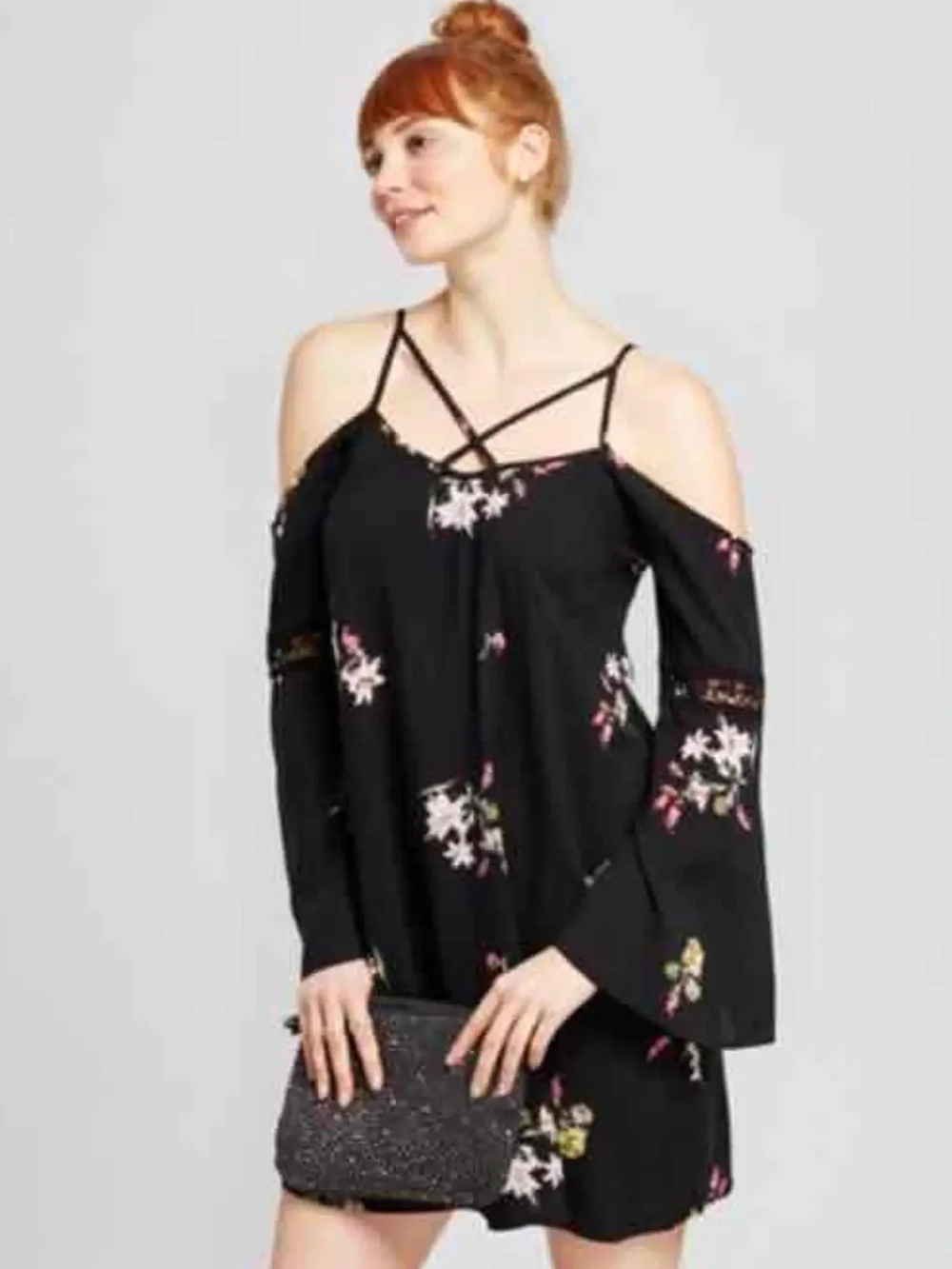 Xhilaration Womens Black Floral Cold Shoulder Pink Peasant Dress Size XXL